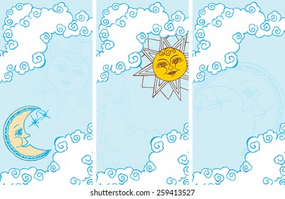 The sun and moon and clouds. Color drawing.