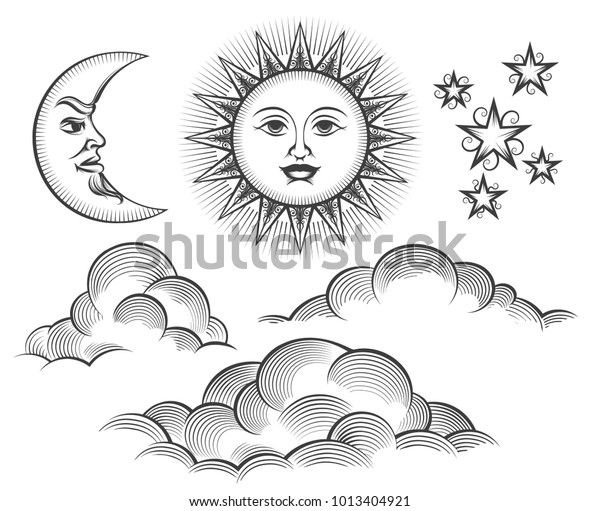 日月雲刻 レトロな爪研ぎや彫刻の月と太陽の天面のベクターイラスト ビンテージスタイル のベクター画像素材 ロイヤリティフリー 1013404921