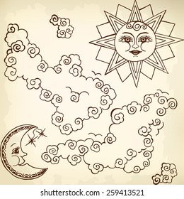The sun and moon and clouds. Monochrome drawing.