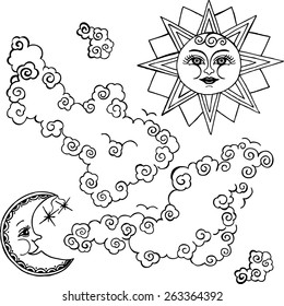 The sun and moon and clouds. Monochrome drawing.