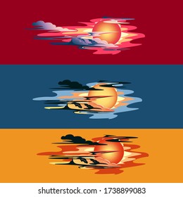 El sol al atardecer en las nubes con coloridos fondos. Establecer. Ilustración vectorial.