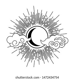 Sun, moon and clouds oriental style tattoo element design vector. Abstract line eastern style decorative emblem.