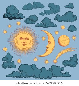 Sun, moon, clouds in the sky. Design set. Hand drawn engraving. Vector vintage illustration. Isolated on color background. 8 EPS