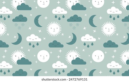 Sun, moon, clouds, and stars seamless pattern on green background. Celestial theme for kids design and print. Baby room decoration. Pastel colours wallpaper. 