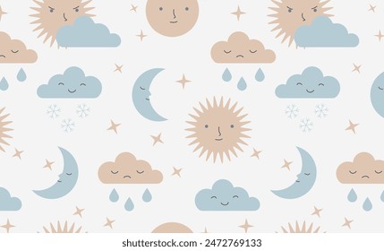 Sun, moon, clouds, and stars seamless pattern. Celestial theme for kids design and print. Baby room decoration. Pastel colours wallpaper. 