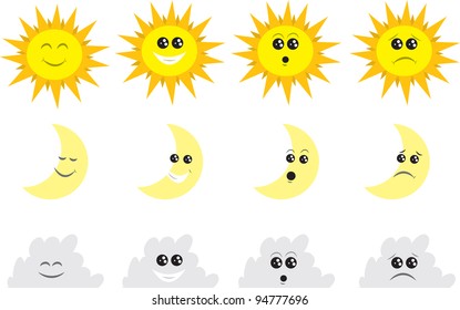 Sun moon and clouds with various expressions