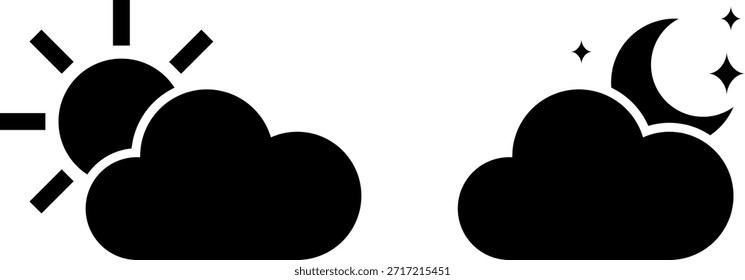 Sol y luna con nubes Conjunto de iconos de Clima - Símbolos de pronóstico de día y noche