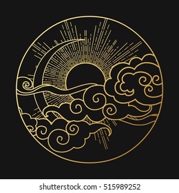 Sun and moon in the cloudy sky. Decorative graphic design element. Vector illustration in oriental style