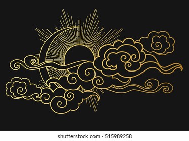 Sun and moon in the cloudy sky. Decorative graphic design element. Vector illustration in oriental style