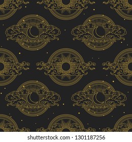 Sun and moon in cloudy sky. Vector hand drawn seamless pattern in oriental style