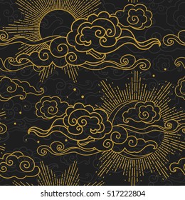 Sun and moon in cloudy sky. Vector hand drawn seamless pattern in oriental style