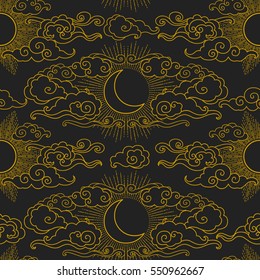 Sun and moon in cloudy sky. Vector hand drawn seamless pattern in oriental style