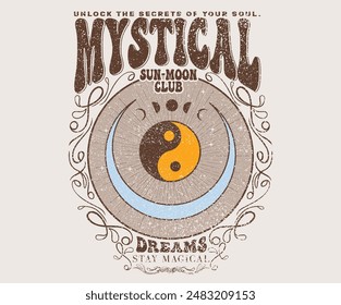 Sun moon club. Mystical dreams artwork for t shirt print, poster, sticker, background and other uses. Sunshine with star artwork. Spring flower. Stay magical. Unlock the secret of your sou.