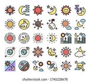 esquema de color sol y luna iconos vectores de día y noche