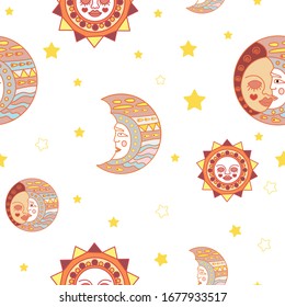 Sun and Moon colorful pastel pattern. Endless texture on white background. Good for bed linen print, fabric print , textile, wall paper.