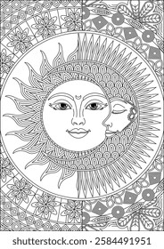 Sun And Moon Coloring Page For Adult Vector