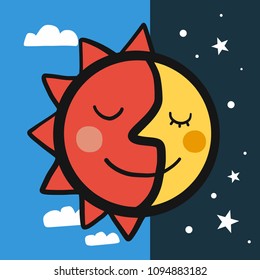 Sun and moon combine face cartoon vector illustration doodle style
