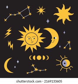 Sun and moon, constellations, phases of the moon, cartoon style. Cute character. Trendy modern vector illustration, hand drawn, flat design. svg