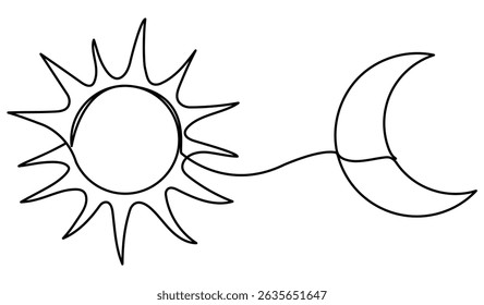 Sun and moon continuous line drawing. Weather symbols. Vector illustration isolated on white.