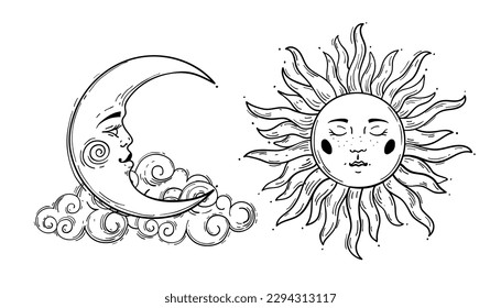 Sun and moon crescent with cloud, vintage boho line drawing for astrology, celestial mythological symbols, witch tattoo. Vector illustration isolated on white background.