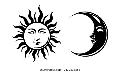 sun and moon crescent with face, mystical symbols of astrology, zodiac, esotericism. Vector line art illustration isolated on white background.