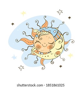 Sol y luna en un bonito estilo Doodle para el tema infantil. Vector.