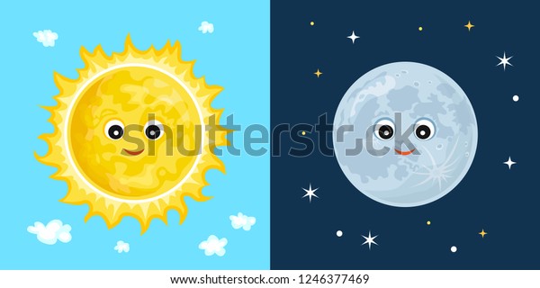 太陽と月 可愛いおかしなキャラクター 日夜のベクターイラスト のベクター画像素材 ロイヤリティフリー