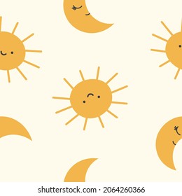 Sun and Moon Cute Seamless Pattern, Cartoon Vector Illustration, Cartoon Background