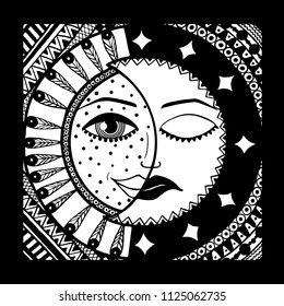 sun and moon. day and night. black and white. vector