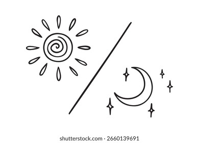 Sol y luna o día y noche concepto doodle dibujado a mano icono. signo de Vector claro y oscuro aislado sobre fondo blanco. Ilustración vectorial