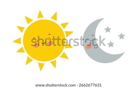 Sun and moon, day and night concept. Cute smiling sun and moon, isolated on white background. Vector icons ideal for nursery design, kids room, baby shower greeting card.