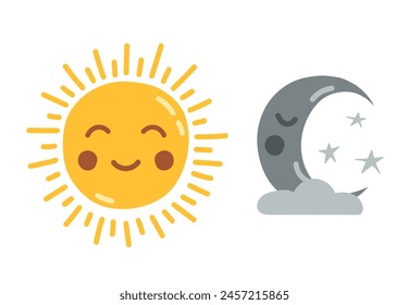 Sun and moon, day and night. Cute Smiling Sleeping Moon and Sun isolated on white background. Icons vector illustration for nursery design, kids room, baby shower greeting card.