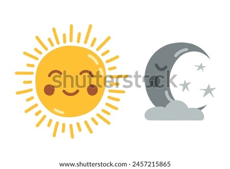 Sun and moon, day and night. Cute Smiling Sleeping Moon and Sun isolated on white background. Icons vector illustration for nursery design, kids room, baby shower greeting card.