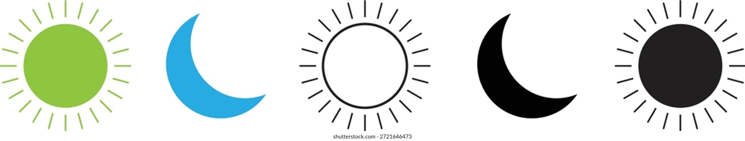 Sun and Moon Day Night Mode Icons Set in Outline Styles