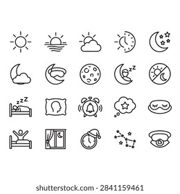 Sun, moon, day and night sleep line icons set, astronomy and time vector illustration