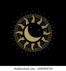 Sun and moon decorated with orbits of stars or planets. Abstract engraving illustration with esoteric, boho, spiritual, geometric, astrology, magic themes, for tarot reader, card or posters