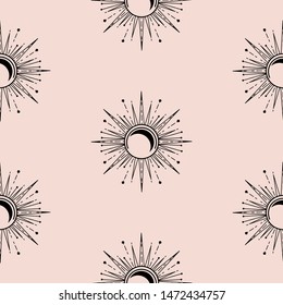 Sun and moon decorative boho style element design vector. Abstract line style decorative black and blush background. Seamless pattern wallpaper.