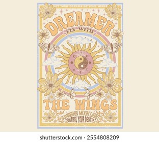 Sun moon design. Dreamer fly with the wings. Stay positive. Butterfly with flower artwork for t shirt print, poster, sticker, background and other uses. Spring flower. Feel the power of dreams. 