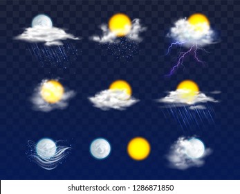 Sun and moon disks clear and in clouds with rain and snow icons 3d realistic vector set isolated on transparent background. Meteorology calendar, weather forecast mobile app design elements collection