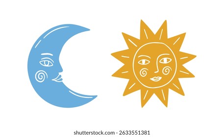 Sun and moon doodle hand drawn simple color symbol. Cartoon Celestial silhouette design. Esoteric astrology signs boho monochrome art. Vector illustration