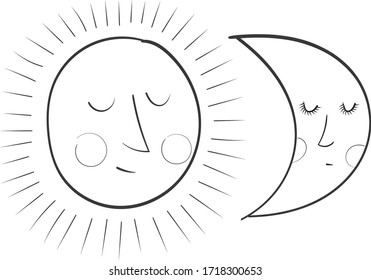 El sol y la luna - ilustración vectorial del doodle, arte de línea