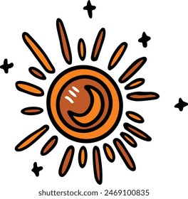 A sun and moon drawing with stars in the background. The sun is smiling and the moon is looking up at it. Scene is happy and playful