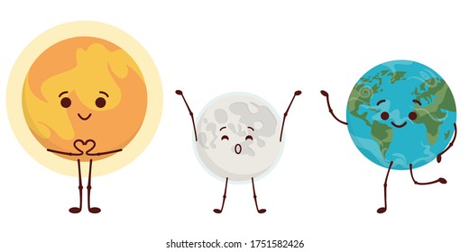 Sun, Moon and Earth. Space characters in cartoon style.