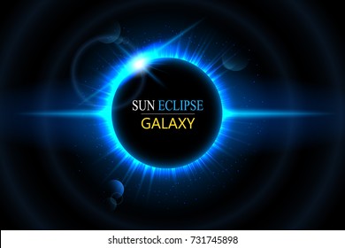 Sun and moon eclipse. Abstract light effect with planet and shining sun. Space background. Isolated on black transparent background.