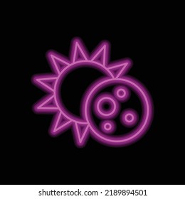 Sun and moon, eclipse simple icon vector. Flat design. Purple neon on black background.ai