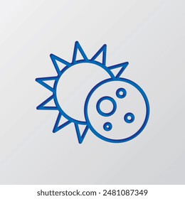 Sun and moon, eclipse simple icon vector. Flat design. Paper cut design. Cutted blue symbol with shadow. Gray background.ai