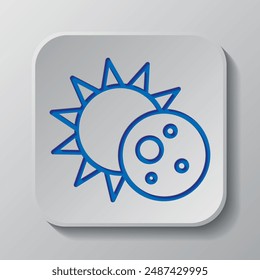 Sun and moon, eclipse simple icon vector. Flat design. Paper cut design. Cutted blue symbol with shadow. Gray badge button, gray background.ai