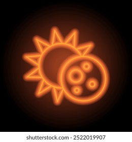 Sol y luna, eclipse simple icono de Vector. Diseño plano. Neón naranja sobre fondo negro.ai