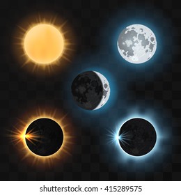 Sun and moon and sun and moon eclipses. Sun eclipse, moon eclipse, dark eclipse sun or moon, nature eclipse sun and moon. Vector illustration