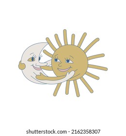Sun and Moon embrace isolated vector illustration. Cute element for design, cards, cover etc.